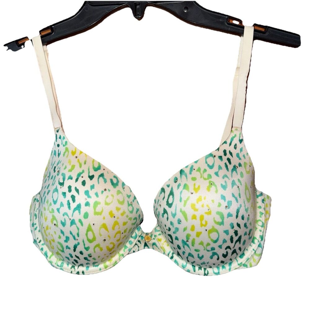 VICTORIA'S SECRET Lined Demi Bra Rhinestone Crystal Cheetah Print Leopard 34C